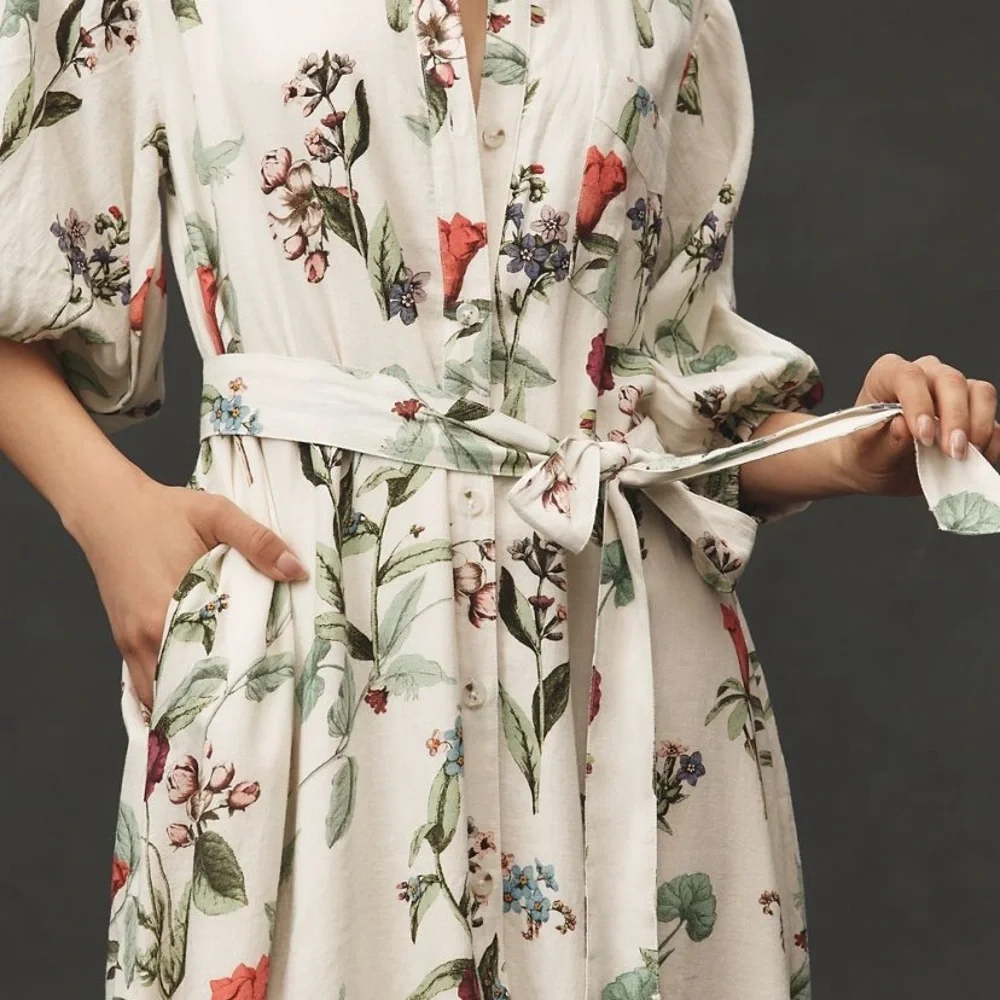 Maeve Floral Linen Maxi Dress with Tie Waist - Picture 2 of 6